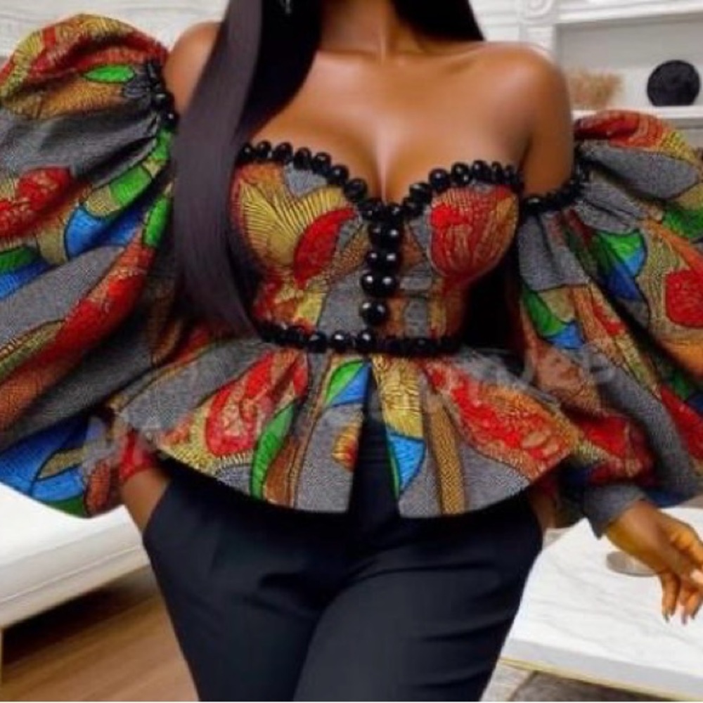 Red and Blue Puff Sleeve Peplum Blouse